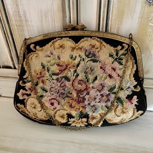 VINTAGE, NEEDLEPOINT HANDBAG. BLACK BACKGROUND WITH GORGEOUS DISPLAY OF FLOWERS. - Picture 1 of 5